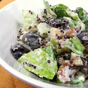 A white salad bowl is filled with Tri Quinoa Waldorf Salad
