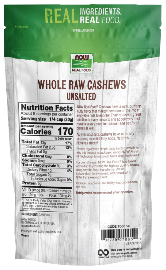 Cashews, Whole, Raw & Unsalted - 10 oz Bag Back