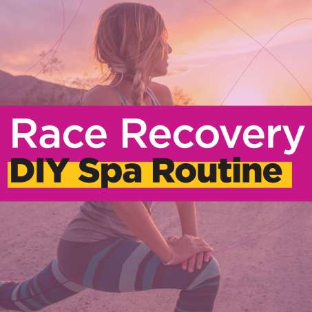 Pink overlay on image of light skin female presenting person stretching and the words Race Recovery DIY Spa Routine in the middle of the page