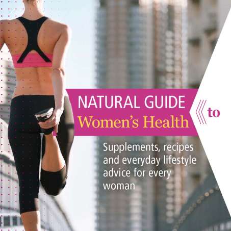 Back torso and legs of a female stretching one leg in a city that reads Natural Guide Women's Health, Supplements, recipes and everyday lifestyle advice for every woman