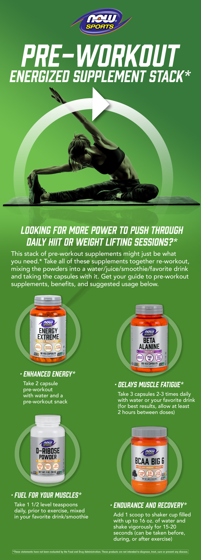 graphic illustration of what supplements to take before working out - black and white letters on green background