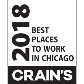 Black and white square and lettering that reads Crain's two thousand eighteen best places to work in Chicago