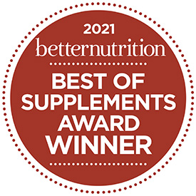 Red circle logo with white lettering inside that reads two thousand twenty-one Better Nutrition Best of Supplements Award Winner.