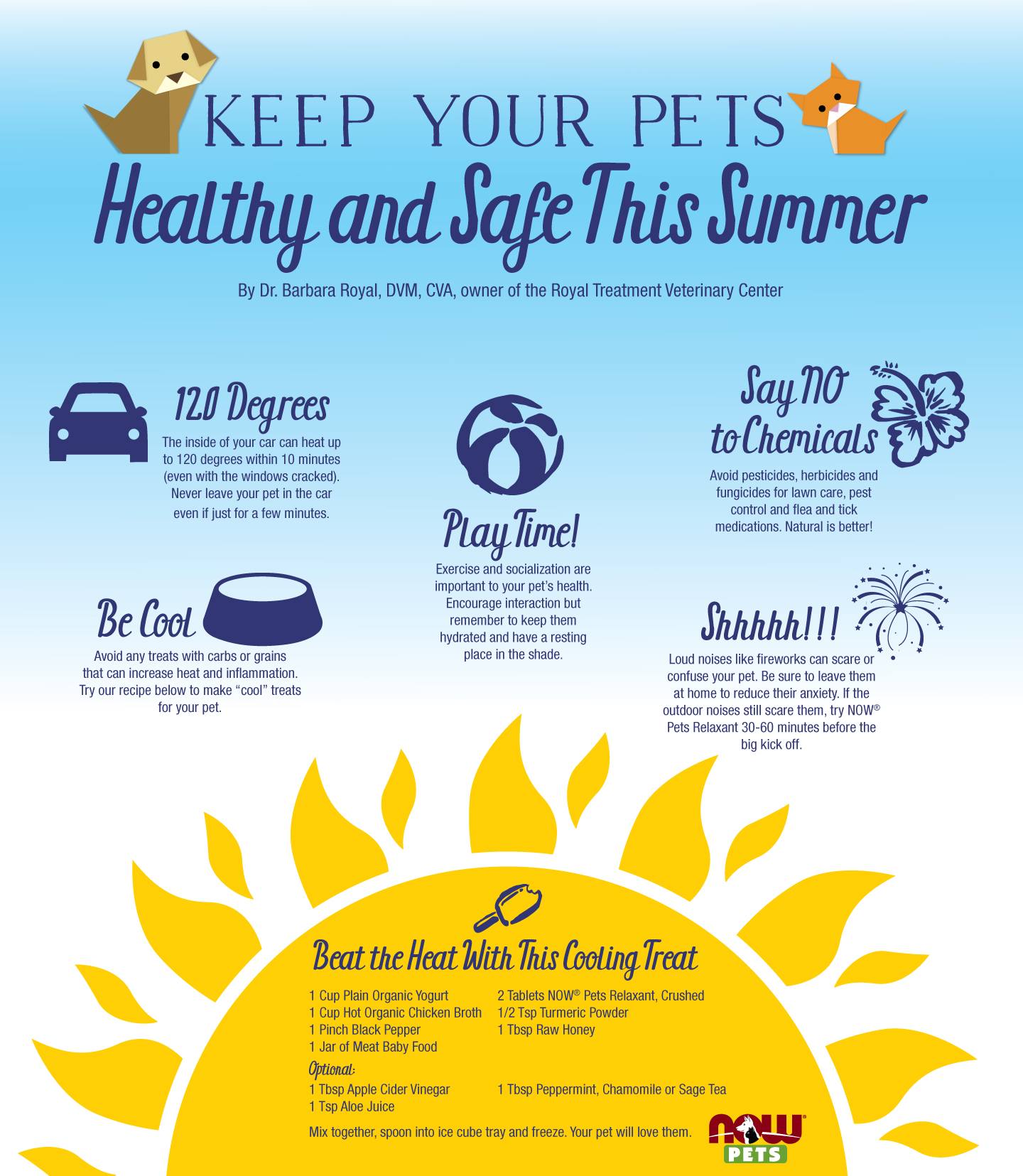 graphic illustration titled "Keep Your Pets Healthy and Safe This Summer". Five tips with illustrations on a blue background with a half-sun at the bottom.