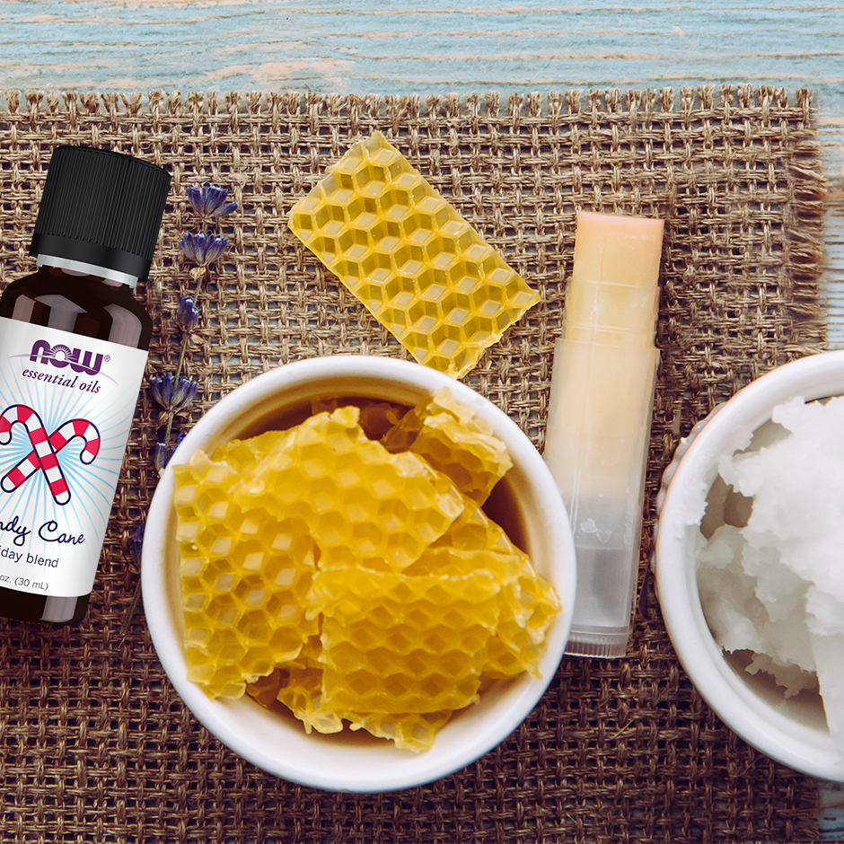 candy cane essential oil, beeswax, lip balm tube, coconut oil. 