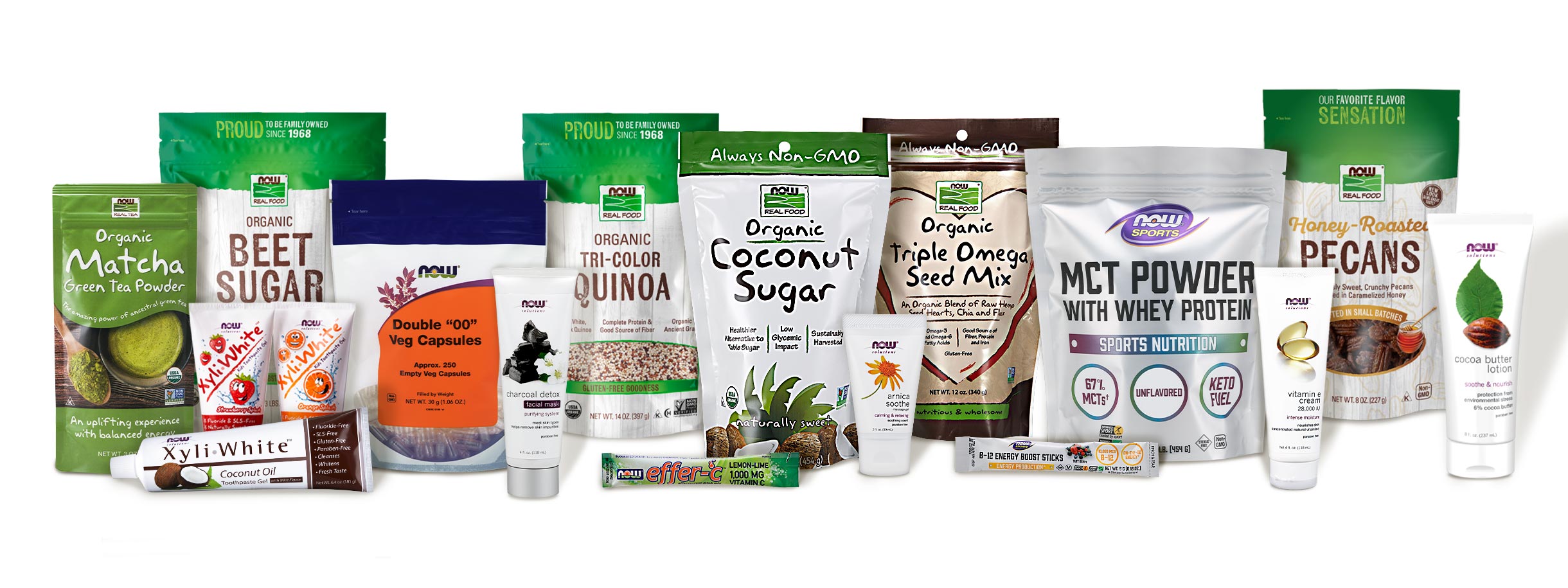 A variety of non-recyclable NOW products shown that include squeeze tubes of toothpastes and skin creams, as well as seed and nut pouches, protein powder and drink stick pouches that are all recyclable through the terracycle program.