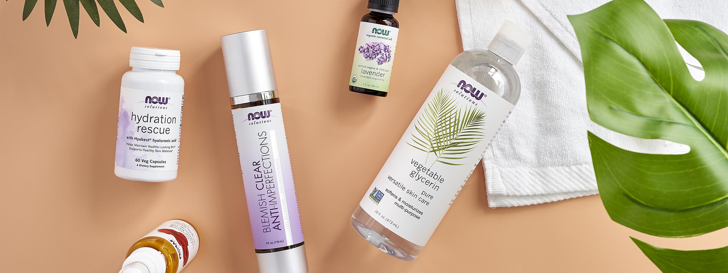 group of NOW Solutions products including Hydration Rescue, Blemish Clear, Vegetable Glycerin, Rosewater mist and Lavender Essential Oil