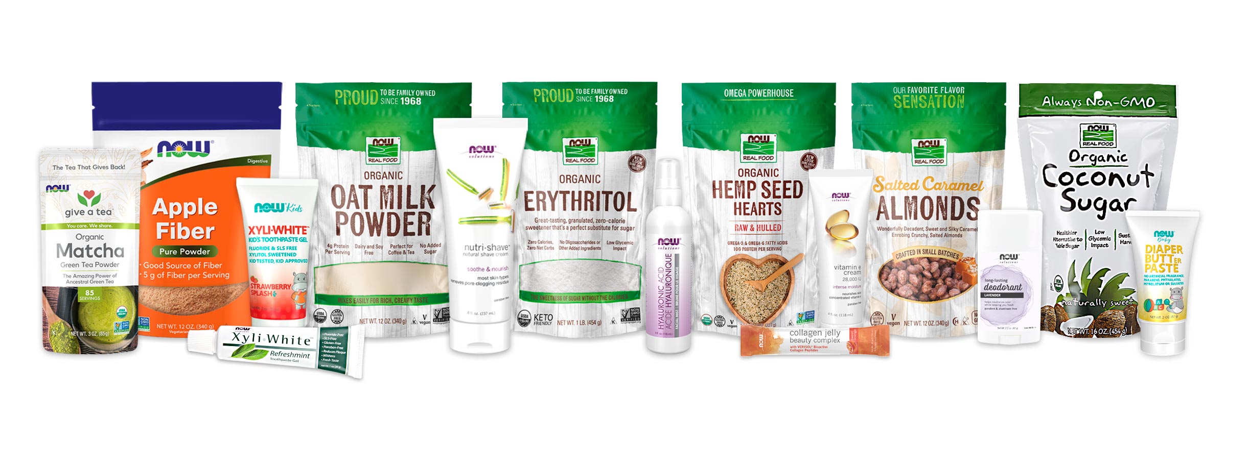 group of NOW products in bags, tubes, spray bottle and packets that are recyclable via Terracycle. 