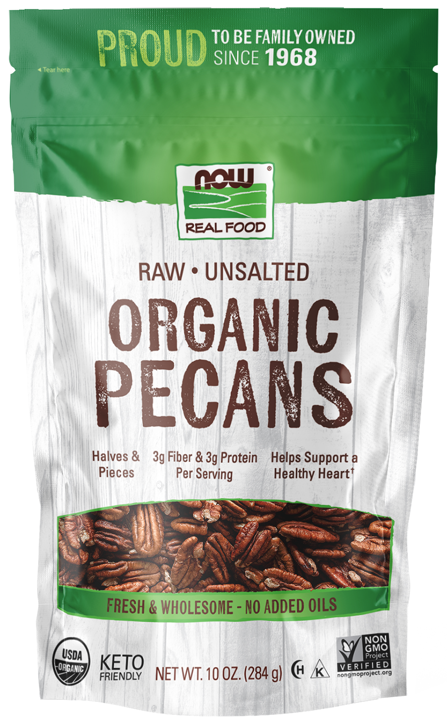 Pecans, Organic, Raw & Unsalted - 10 oz. Bag Front