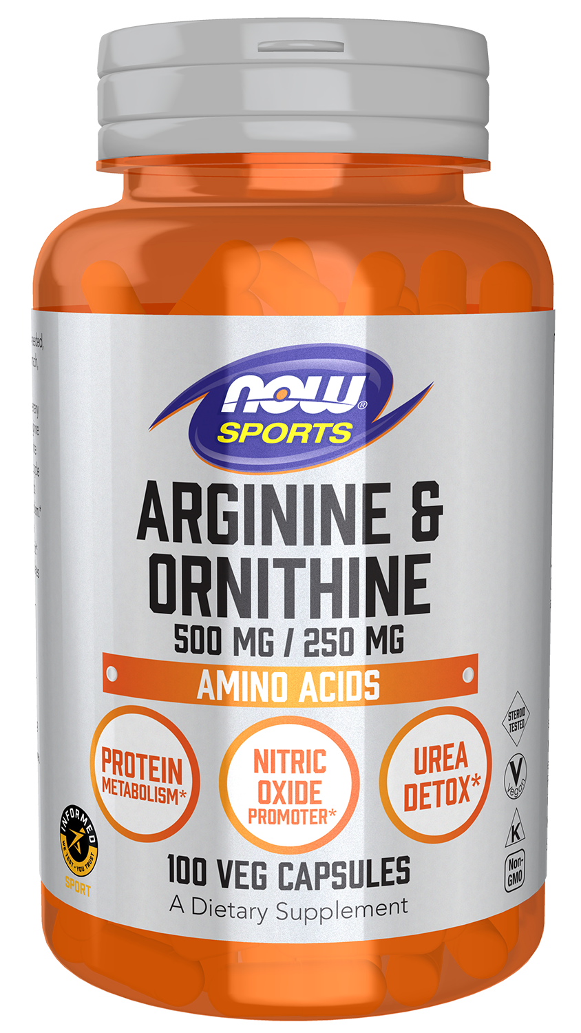 Arginine & Ornithine 500 mg / 250 mg - 100 Veg Capsules Bottle Front
