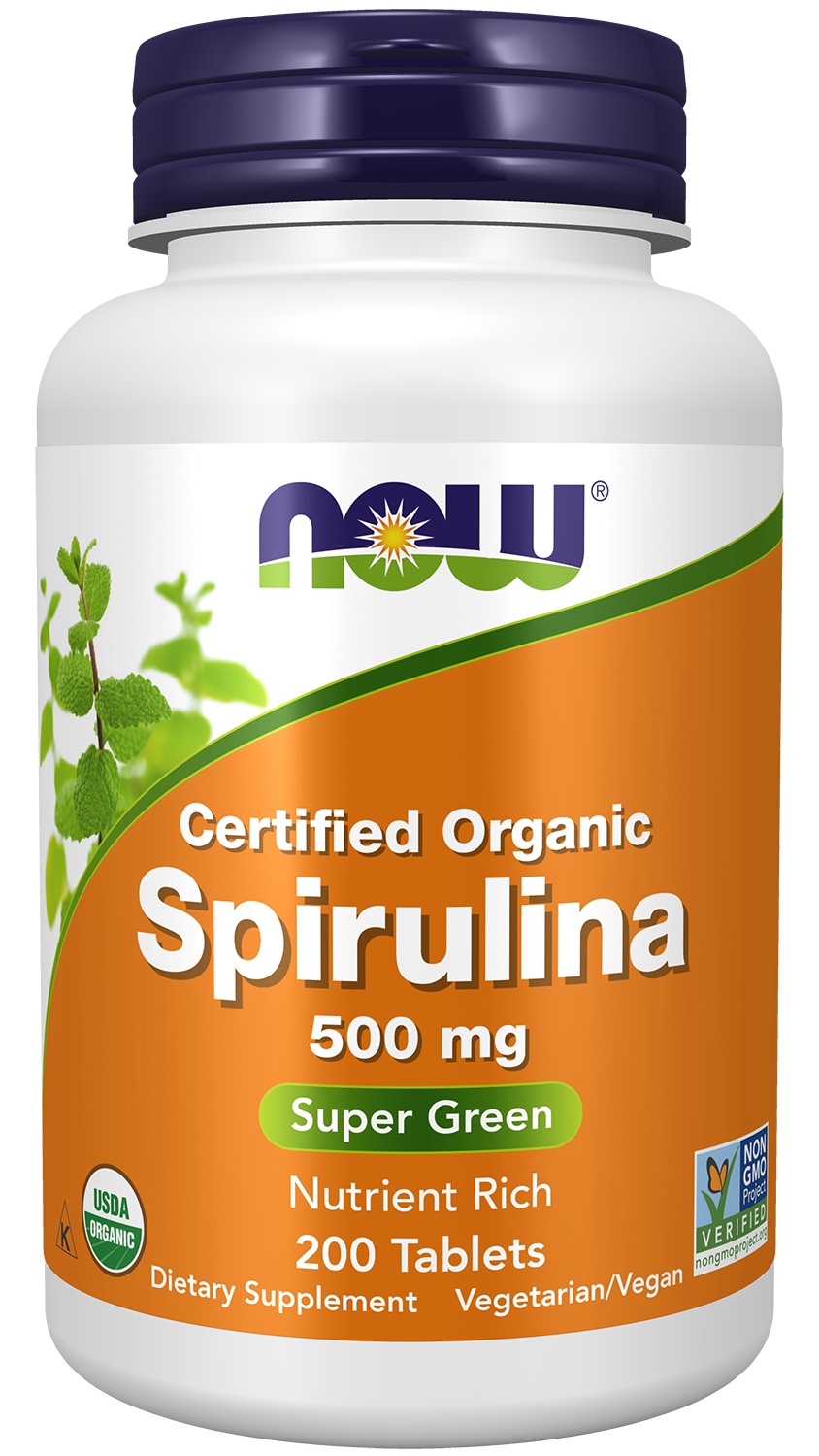 Spirulina 500 mg, Organic - 200 Tablets Bottle Front