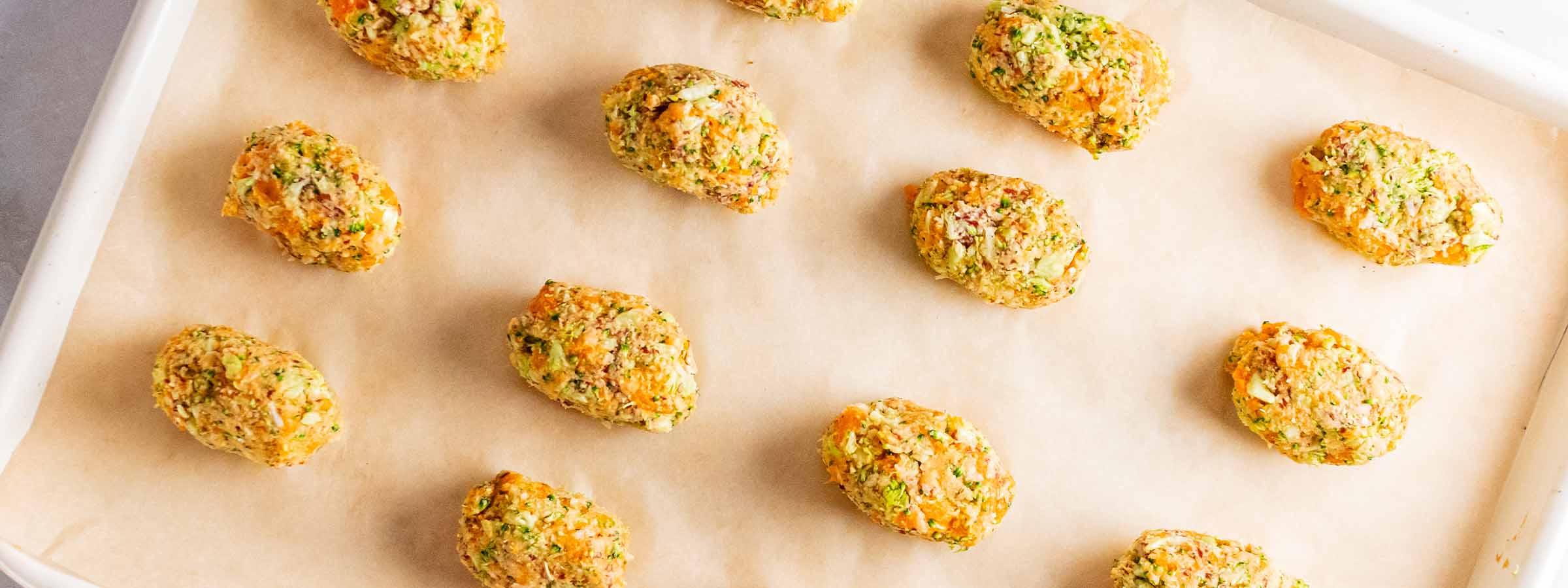 top view of Flax Seed Veggie Tots on a baking tray
