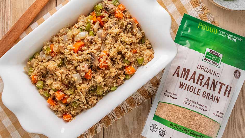 top view Holiday Amaranth Quinoa Pilaf next to a pouch of NOW Amaranth