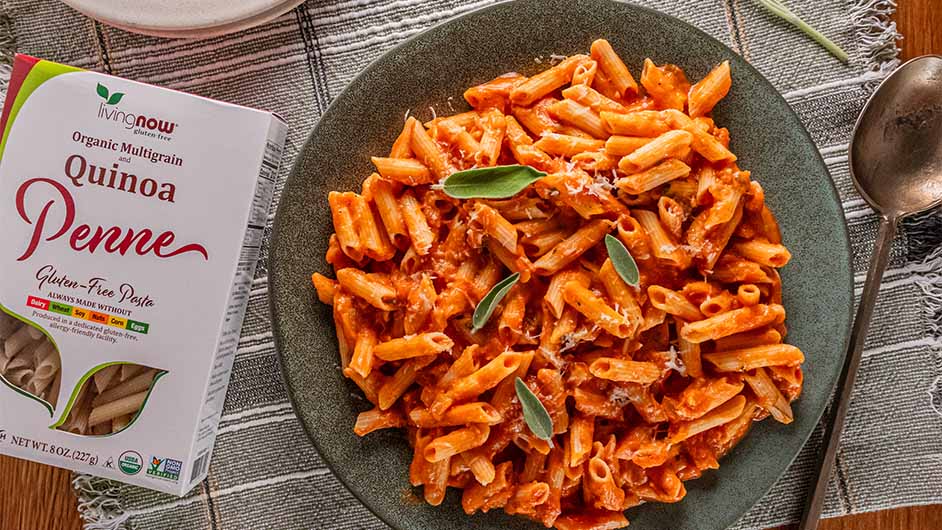 top view of Pumpkin Penne with Sage next to a box NOW Penne