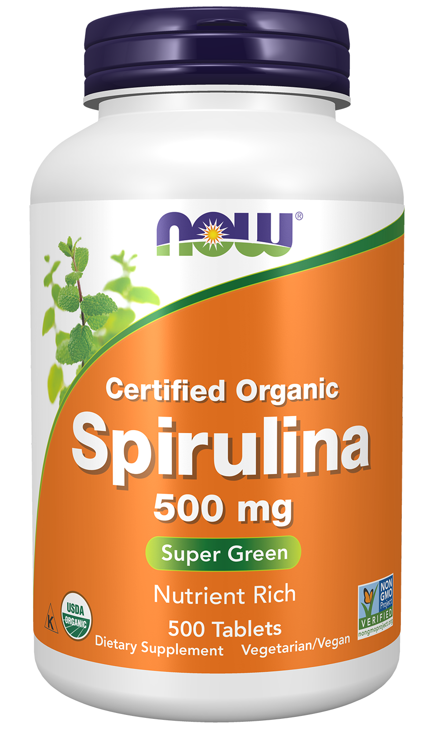 Spirulina 500 mg, Organic - 500 Tablets Bottle Front