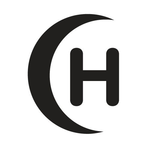 Halal logo crescent moon on left with "H" on right within moon