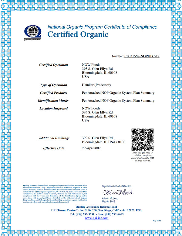 organic certificate bloomingdale processor