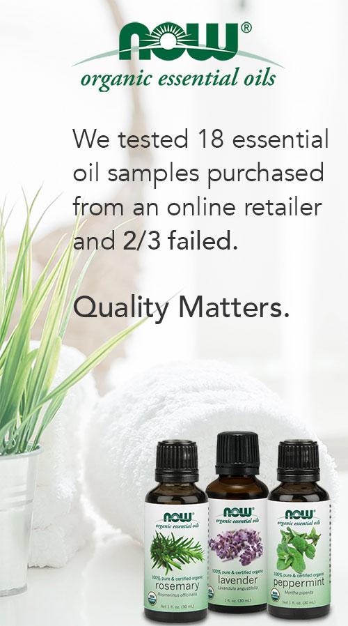NOW Organic Essential Oils logo above three pictured NOW organic essential oil bottles of rosemary, lavender and peppermint, with text: We tested 18 essential oil samples purchased from an online retailer and 2/3 failed. Quality matters.