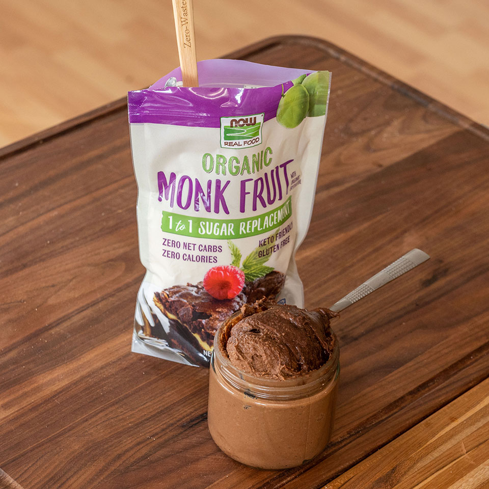 nutella spread in a jar in front of NOW monk fruit 1 to 1 package