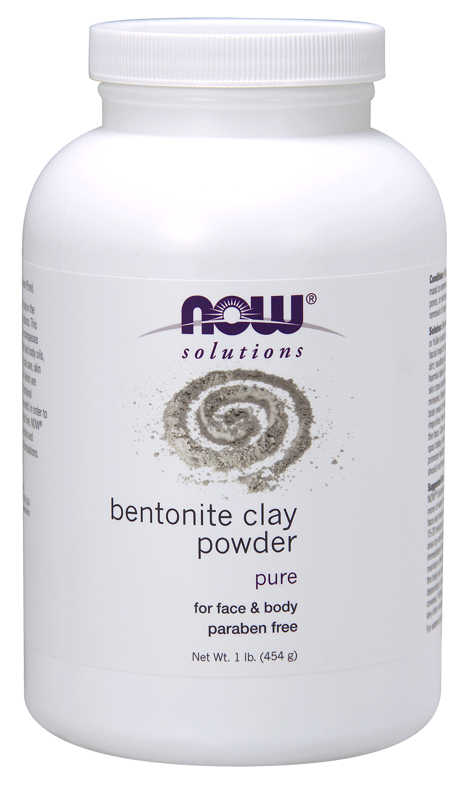 Container of NOW Solutions bentonite clay powder. Pure, for face and body, paraben free. 1 lb., 454 g.