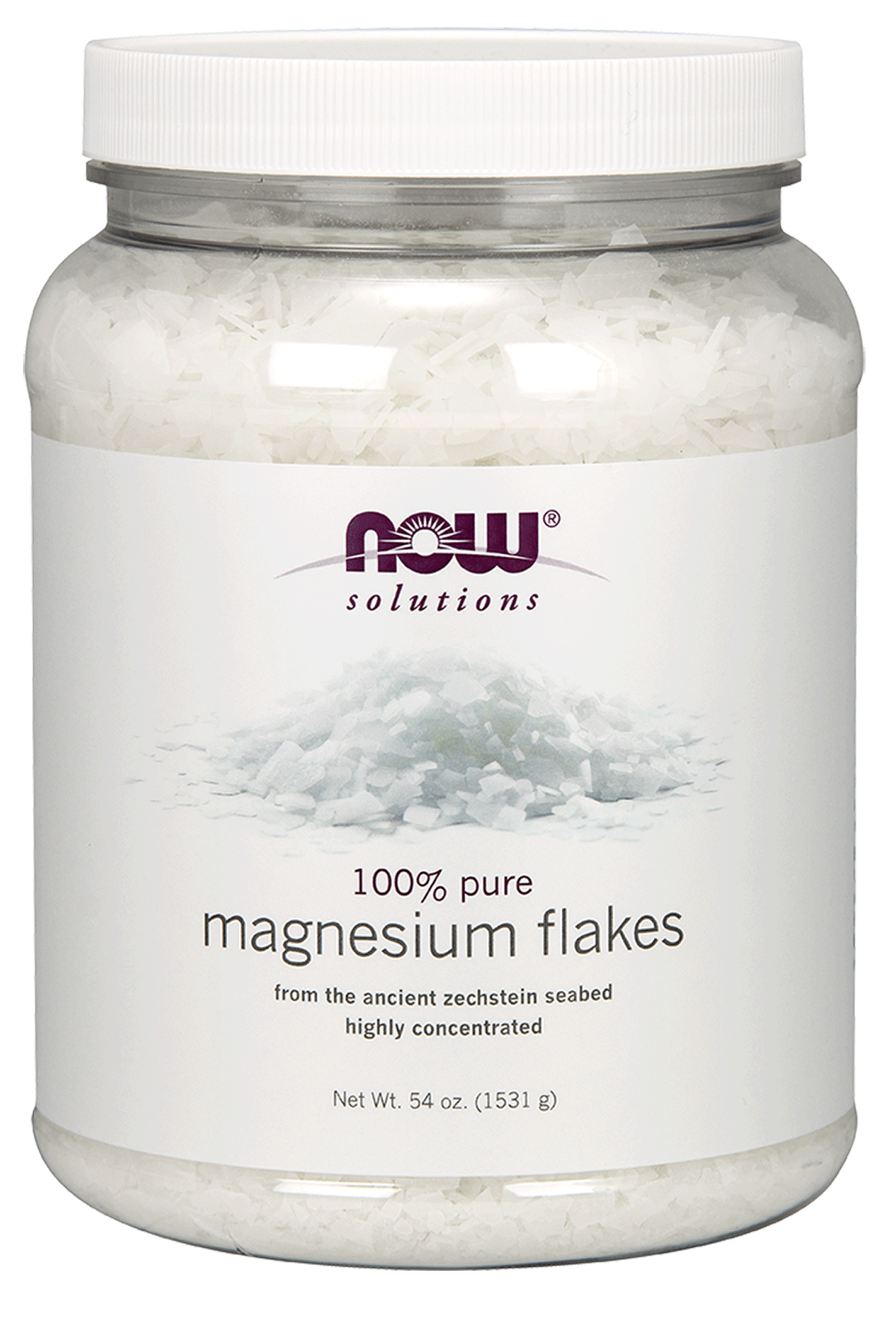 A container of NOW Solutions 100% pure Magnesium Flakes. From the ancient zechstein seabed, highly concentrated. (54 oz, 1531 g)