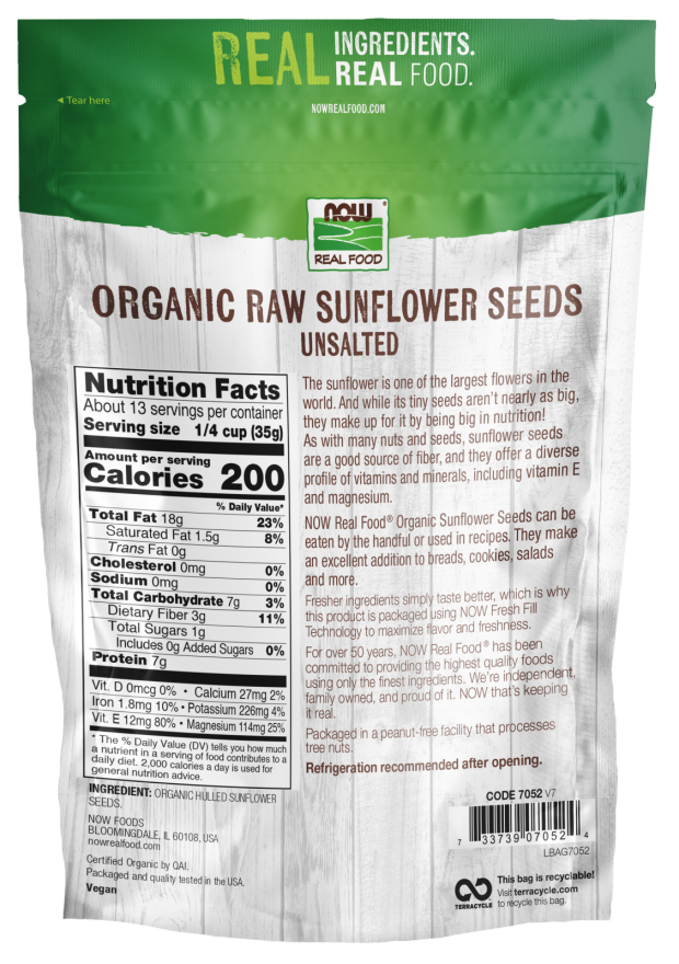Sunflower Seeds, Organic, Raw & Unsalted - 16 oz. Back Bag