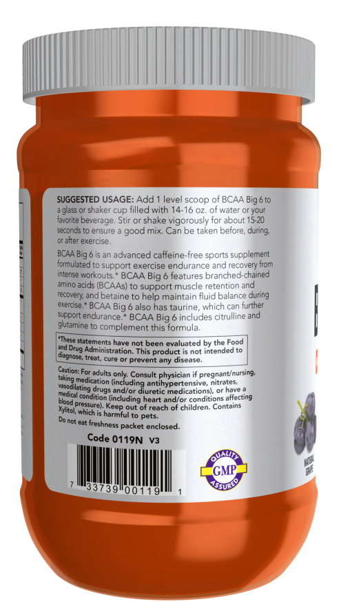 BCAA Big 6, Natural Grape Flavor Powder - 600 g Bottle Left