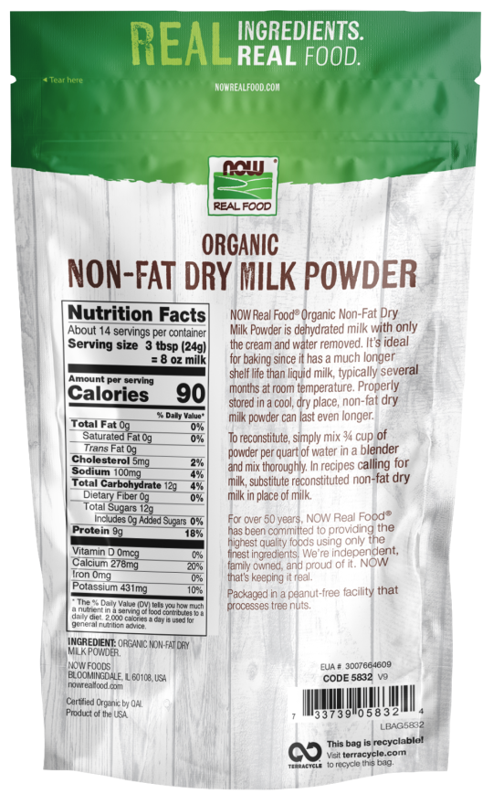 Non-Fat Dry Milk Powder, Organic - 12 oz. Bag Back