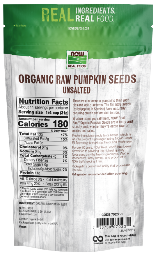 Pumpkin Seeds, Raw Organic - 12oz. Bag Back