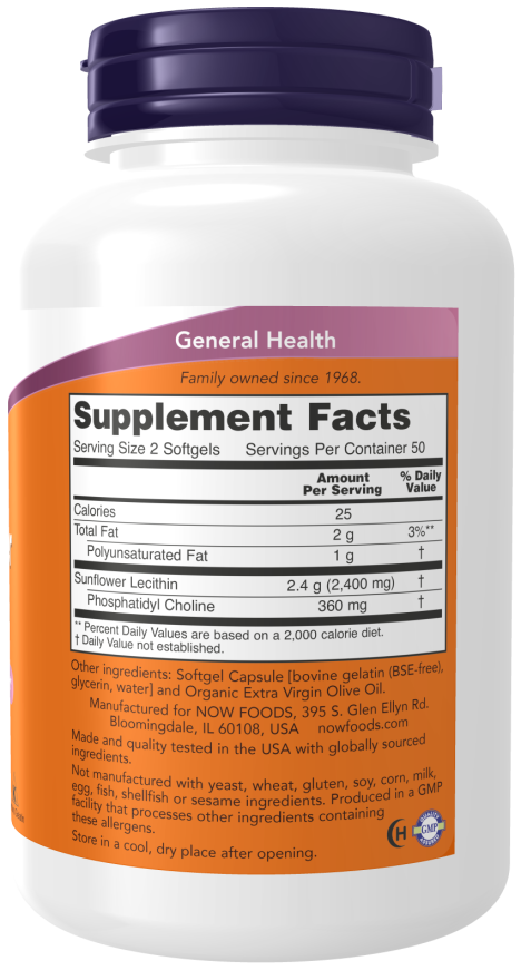 Sunflower Lecithin 1200 mg Soy-Free, Non-GMO - 100 Softgels Bottle Right