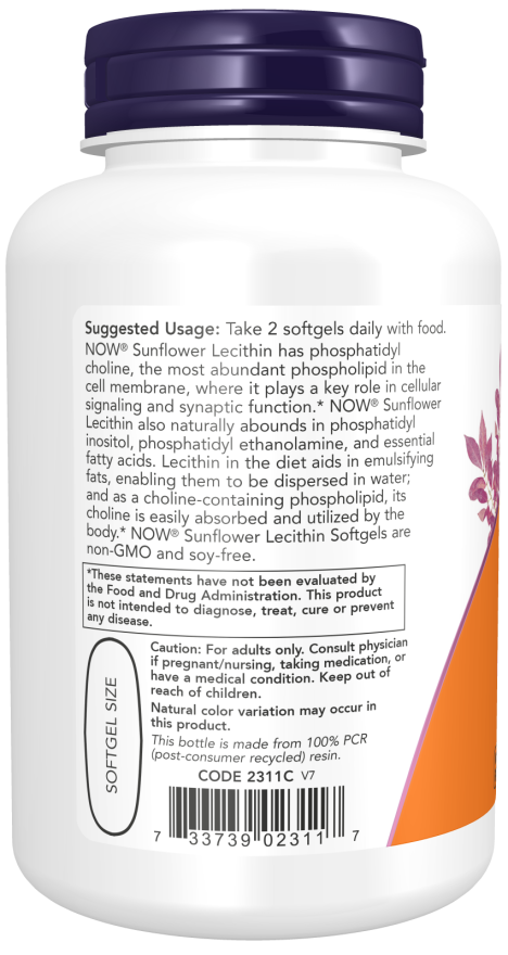 Sunflower Lecithin 1200 mg Soy-Free, Non-GMO - 100 Softgels Bottle Left