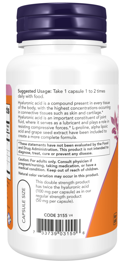 Hyaluronic Acid, Double Strength 100 mg - 60 Veg Capsules Bottle Left