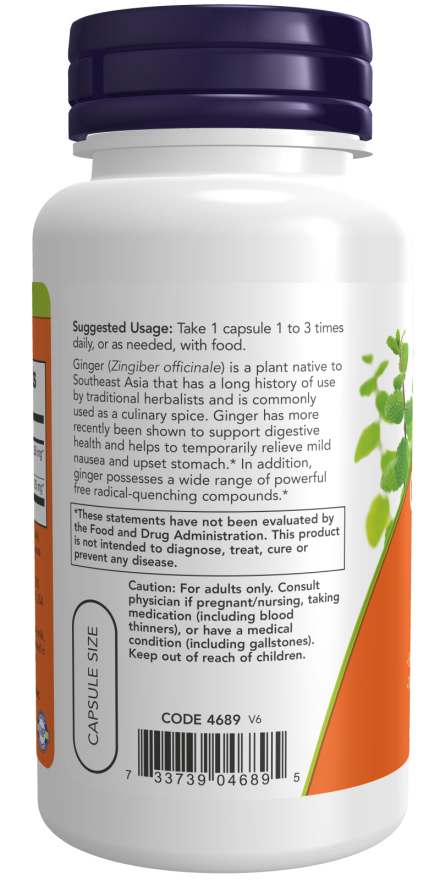 Ginger Root Extract 250 mg - 90 Veg Capsules Bottle Left