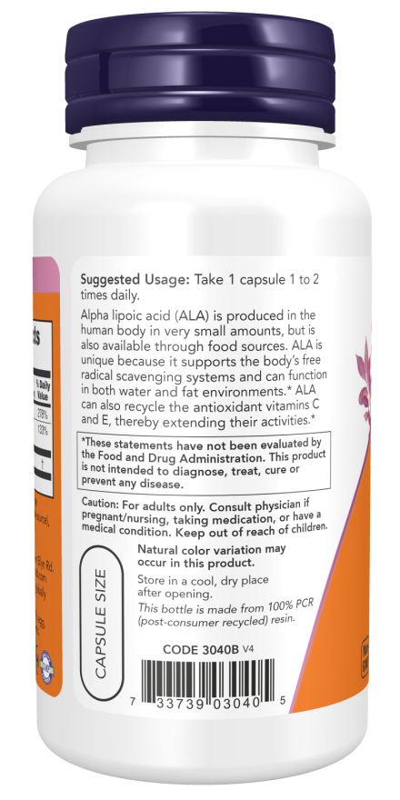 Alpha Lipoic Acid 100 mg - 60 Veg Capsules Bottle Left