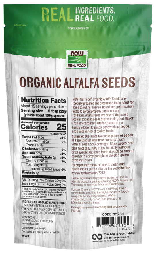 Alfalfa Seeds, Organic - 12 oz. Bag Back