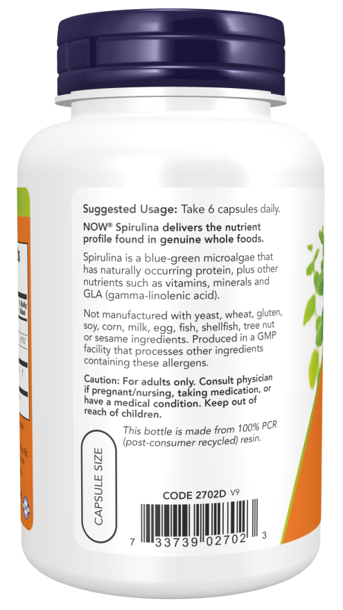 Natural Spirulina 500 mg - 120 Veg Capsules Bottle Left
