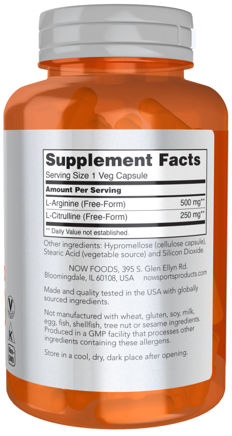Arginine & Citrulline 500 mg / 250 mg - 120 Veg Capsules Bottle Right