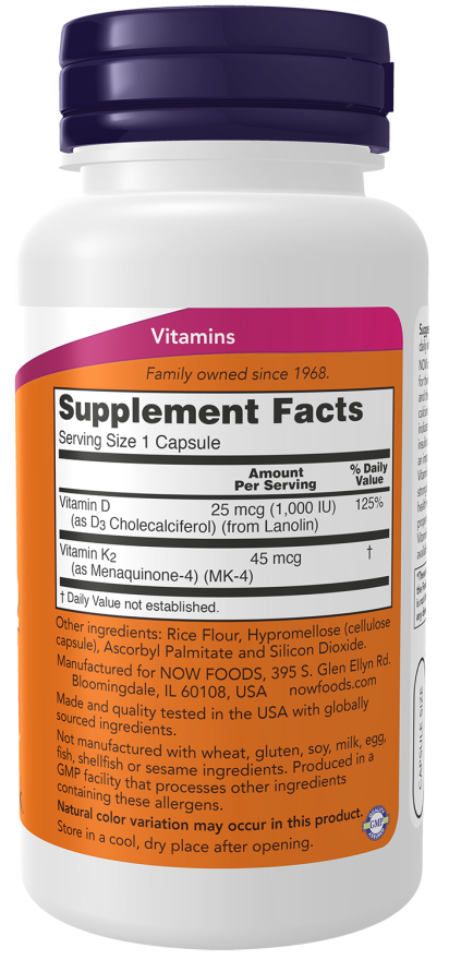 Vitamin D-3 & K-2 - 120 Veg Capsules Bottle Right