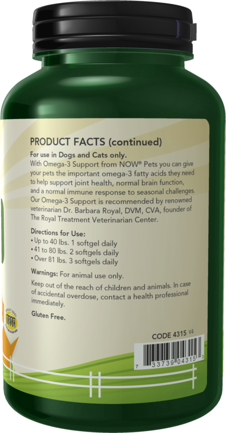 Omega-3 Support - 180 Softgels for Pets Bottle Right