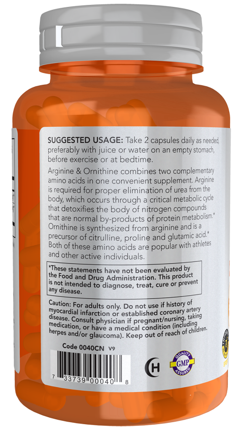 Arginine & Ornithine 500 mg / 250 mg - 100 Veg Capsules Bottle Left