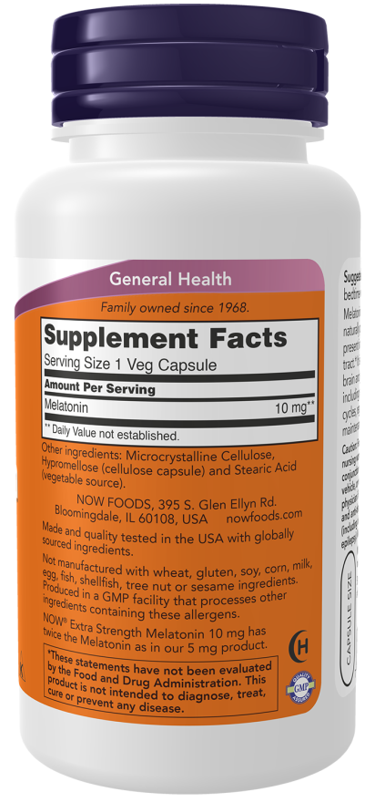Melatonin, Extra Strength 10 mg - 100 Veg Capsules Bottle Right