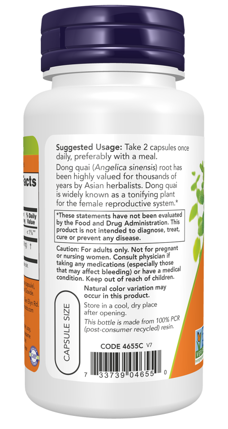 Dong Quai 520 mg - 100 Veg Capsules Bottle Left