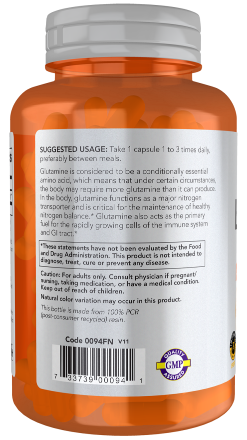 L-Glutamine, Double Strength 1000 mg - 120 Veg Capsules Bottle Left