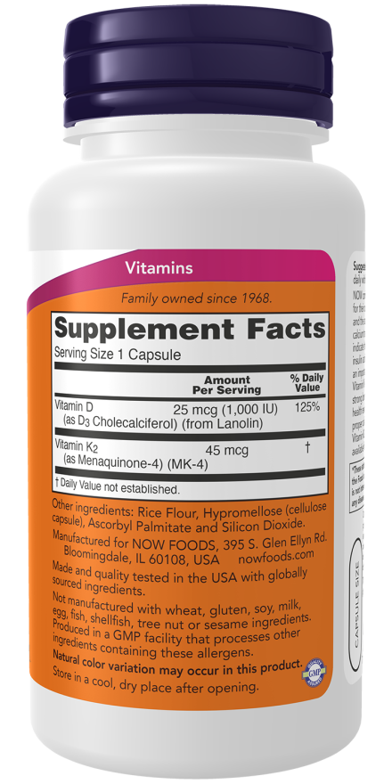 Vitamin D-3 & K-2 - 120 Veg Capsules Bottle Right