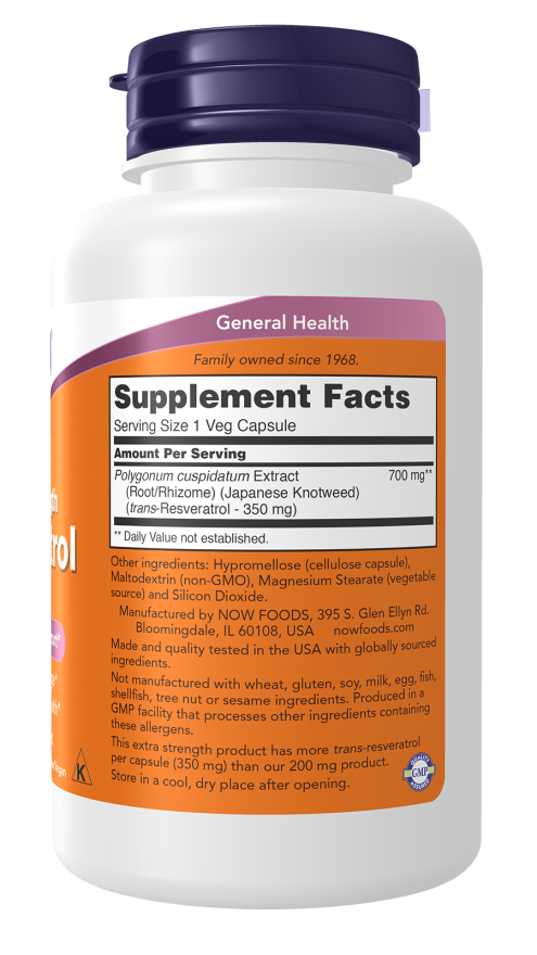 Resveratrol, Extra Strength 350 mg - 60 Veg Capsules Bottle Right