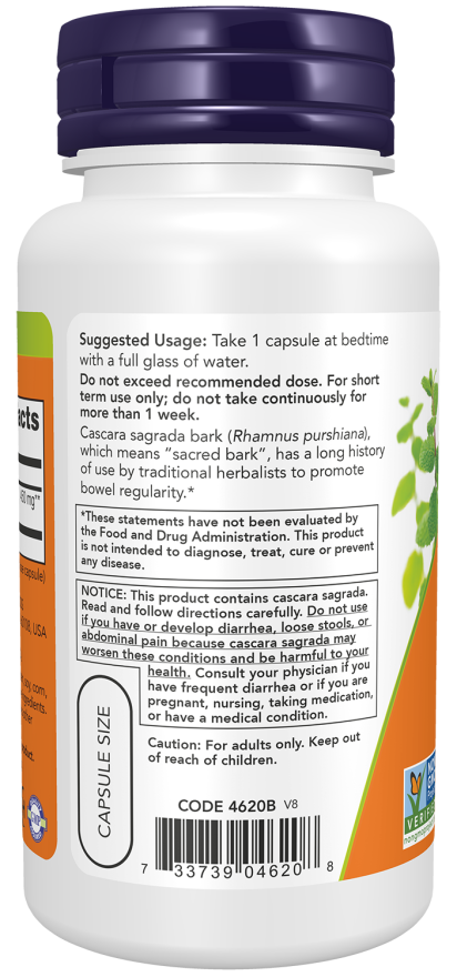 Cascara Sagrada 450 mg - 100 Veg Capsules Bottle Left