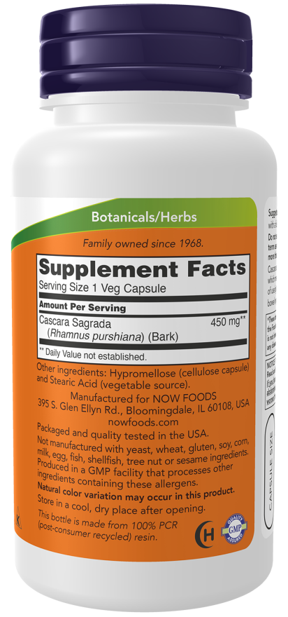 Cascara Sagrada 450 mg - 100 Veg Capsules Bottle Right