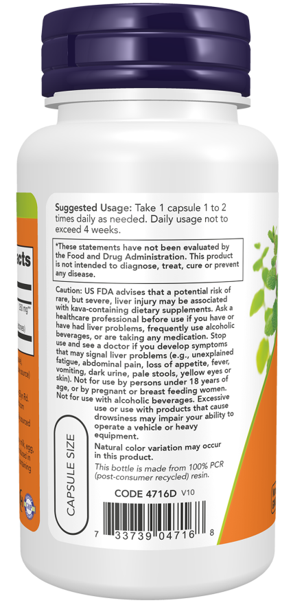 Kava Kava Extract 250 mg - 60 Veg Capsules Bottle Left