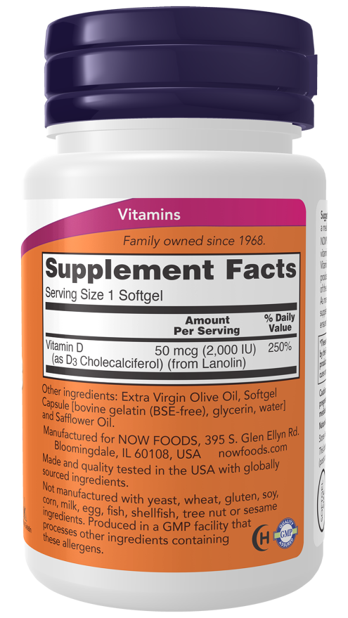 Vitamin D-3 2000 IU - 30 Softgels Bottle Right