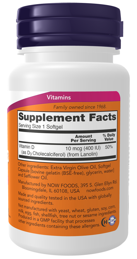 Vitamin D-3 400 IU - 180 Softgels Bottle Right